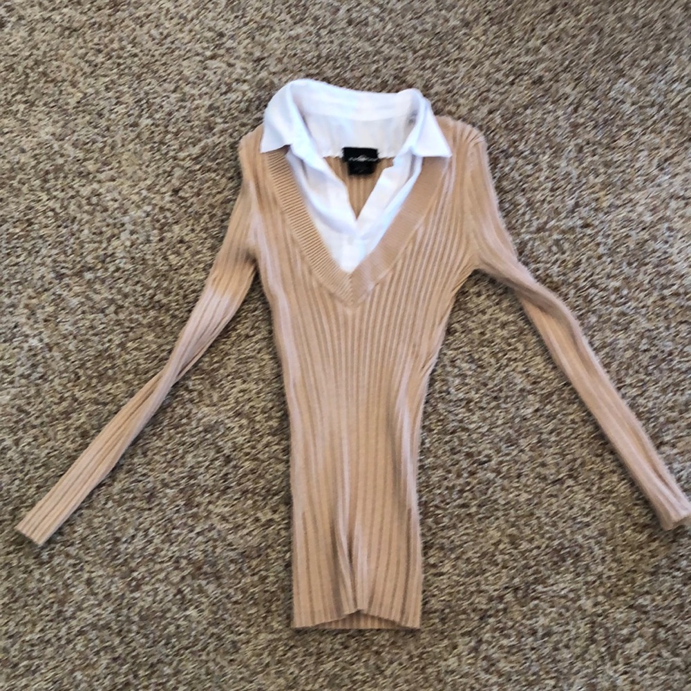 Tan and white collared dress shirt.